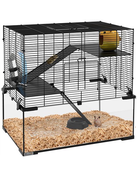PawHut 3 Tiers Hamster Cage, Gerbil Cage with Deep Glass Bottom, Non-Slip Ramps, Platforms, Hut, Exercise Wheels, Water Bottle,  - pic 158523 | FastDaddyshop