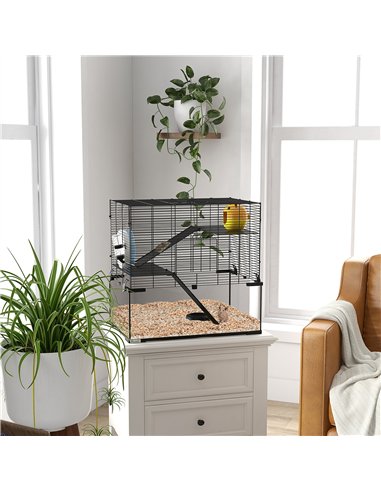 PawHut 3 Tiers Hamster Cage, Gerbil Cage with Deep Glass Bottom, Non-Slip Ramps, Platforms, Hut, Exercise Wheels, Water Bottle, 