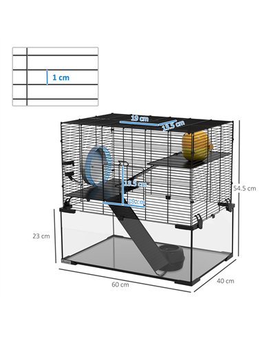 PawHut 3 Tiers Hamster Cage, Gerbil Cage with Deep Glass Bottom, Non-Slip Ramps, Platforms, Hut, Exercise Wheels, Water Bottle, 