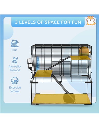 PawHut 3 Tiers Hamster Cage, Gerbil Cage with Deep Glass Bottom, Non-Slip Ramps, Platforms, Hut, Exercise Wheels, Water Bottle, 