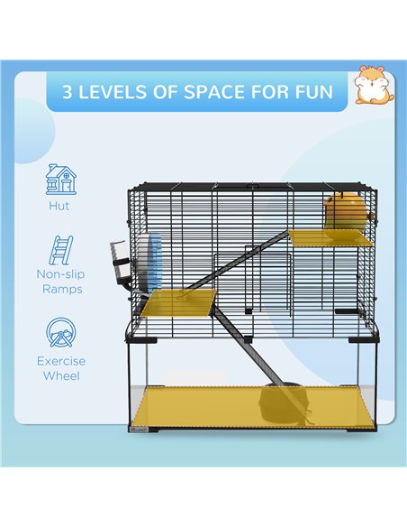 PawHut 3 Tiers Hamster Cage, Gerbil Cage with Deep Glass Bottom, Non-Slip Ramps, Platforms, Hut, Exercise Wheels, Water Bottle,  - pic 158526 | FastDaddyshop