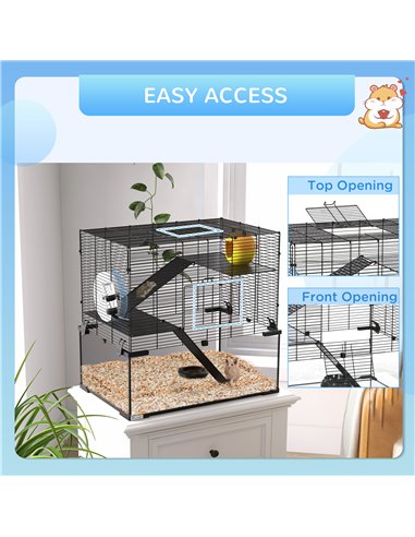 PawHut 3 Tiers Hamster Cage, Gerbil Cage with Deep Glass Bottom, Non-Slip Ramps, Platforms, Hut, Exercise Wheels, Water Bottle, 