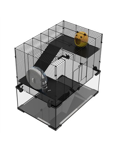 PawHut 3 Tiers Hamster Cage, Gerbil Cage with Deep Glass Bottom, Non-Slip Ramps, Platforms, Hut, Exercise Wheels, Water Bottle, 