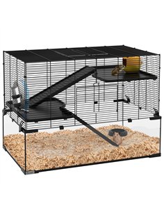 PawHut 3 Tiers Hamster Cage, Gerbil Cage with Deep Glass Bottom, Non-Slip Ramps, Platforms, Hut, Exercise Wheels, Water Bottle, 