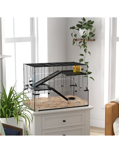 PawHut 3 Tiers Hamster Cage, Gerbil Cage with Deep Glass Bottom, Non-Slip Ramps, Platforms, Hut, Exercise Wheels, Water Bottle, 