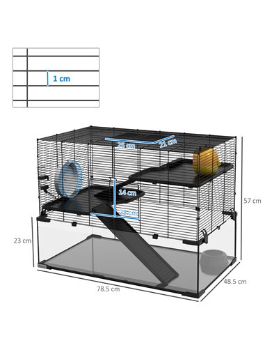 PawHut 3 Tiers Hamster Cage, Gerbil Cage with Deep Glass Bottom, Non-Slip Ramps, Platforms, Hut, Exercise Wheels, Water Bottle, 