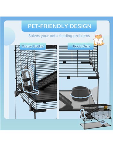 PawHut 3 Tiers Hamster Cage, Gerbil Cage with Deep Glass Bottom, Non-Slip Ramps, Platforms, Hut, Exercise Wheels, Water Bottle, 