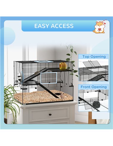 PawHut 3 Tiers Hamster Cage, Gerbil Cage with Deep Glass Bottom, Non-Slip Ramps, Platforms, Hut, Exercise Wheels, Water Bottle, 