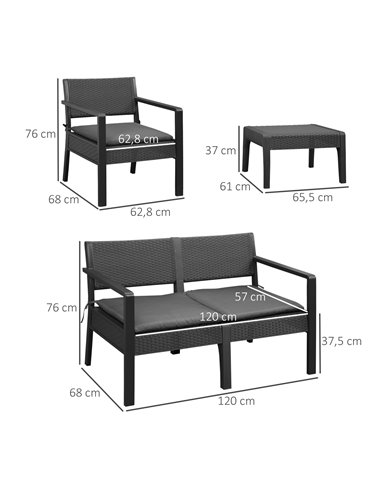 Outsunny Outdoor PP Rattan Style Sofa Set with Cushioned 2 Single Chairs & 1 Loveseat, Grey