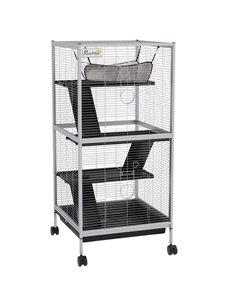 PawHut Small Animal Cage Pet Play House with Wheels Platforms Light Grey