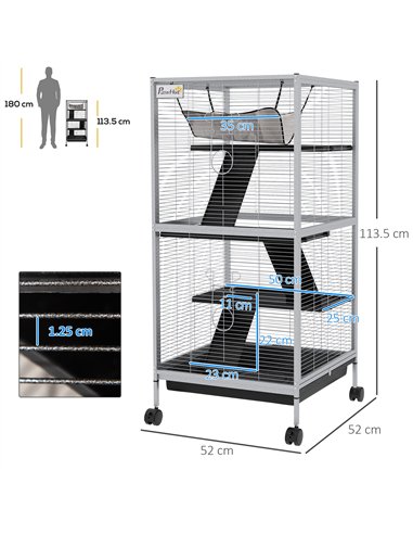 PawHut Small Animal Cage Pet Play House with Wheels Platforms Light Grey