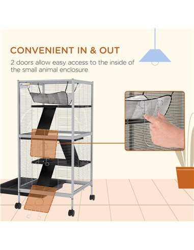 PawHut Small Animal Cage Pet Play House with Wheels Platforms Light Grey