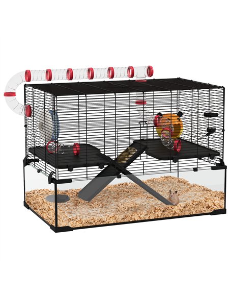 PawHut Gerbil Cage, Dwarf Hamster Cage, with Deep Glass Bottom, Tunnels, Ramps, Hut, Exercise Wheel, 78.5 x 48.5 x 57cm - pic 158568 | FastDaddyshop