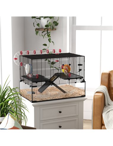 PawHut Gerbil Cage, Dwarf Hamster Cage, with Deep Glass Bottom, Tunnels, Ramps, Hut, Exercise Wheel, 78.5 x 48.5 x 57cm