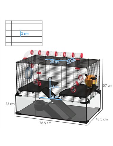 PawHut Gerbil Cage, Dwarf Hamster Cage, with Deep Glass Bottom, Tunnels, Ramps, Hut, Exercise Wheel, 78.5 x 48.5 x 57cm