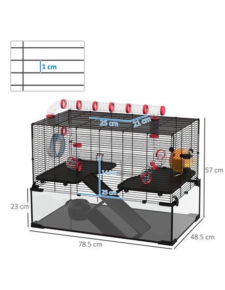 PawHut Gerbil Cage, Dwarf Hamster Cage, with Deep Glass Bottom, Tunnels, Ramps, Hut, Exercise Wheel, 78.5 x 48.5 x 57cm - pic 158570 | FastDaddyshop