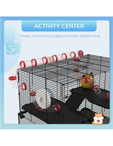 PawHut Gerbil Cage, Dwarf Hamster Cage, with Deep Glass Bottom, Tunnels, Ramps, Hut, Exercise Wheel, 78.5 x 48.5 x 57cm