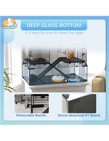 PawHut Gerbil Cage, Dwarf Hamster Cage, with Deep Glass Bottom, Tunnels, Ramps, Hut, Exercise Wheel, 78.5 x 48.5 x 57cm