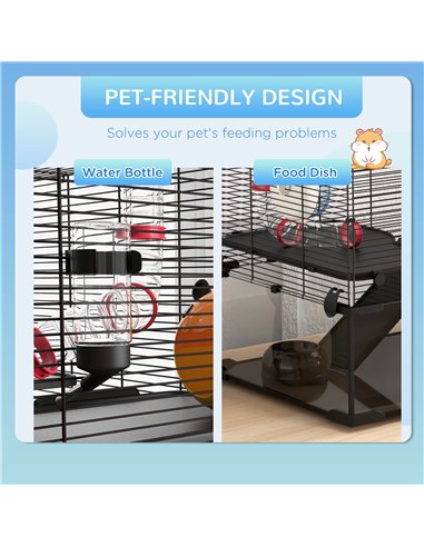PawHut Gerbil Cage, Dwarf Hamster Cage, with Deep Glass Bottom, Tunnels, Ramps, Hut, Exercise Wheel, 78.5 x 48.5 x 57cm