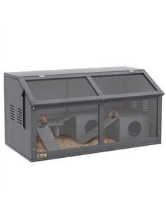 PawHut Hamster Cage, Wooden Small Animal Cage for Gerbils, Mice w/ Suspension Bridge, Openable Top, Hut, 85 x 45 x 44cm - Grey