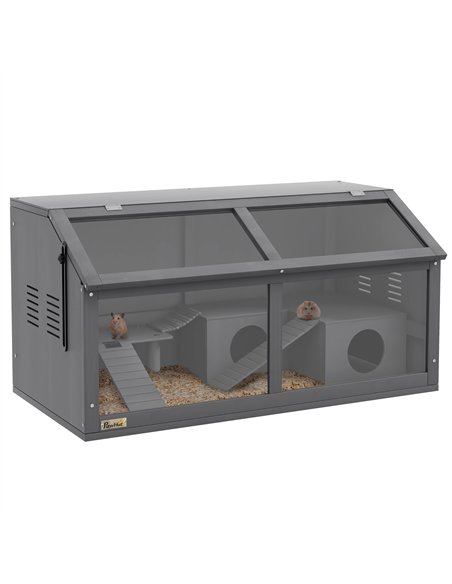PawHut Hamster Cage, Wooden Small Animal Cage for Gerbils, Mice w/ Suspension Bridge, Openable Top, Hut, 85 x 45 x 44cm - Grey - pic 158577 | FastDaddyshop