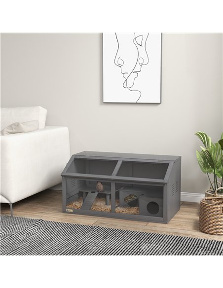 PawHut Hamster Cage, Wooden Small Animal Cage for Gerbils, Mice w/ Suspension Bridge, Openable Top, Hut, 85 x 45 x 44cm - Grey - pic 158578 | FastDaddyshop