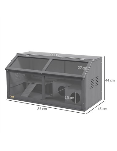 PawHut Hamster Cage, Wooden Small Animal Cage for Gerbils, Mice w/ Suspension Bridge, Openable Top, Hut, 85 x 45 x 44cm - Grey