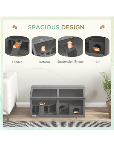 PawHut Hamster Cage, Wooden Small Animal Cage for Gerbils, Mice w/ Suspension Bridge, Openable Top, Hut, 85 x 45 x 44cm - Grey