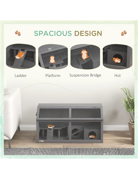 PawHut Hamster Cage, Wooden Small Animal Cage for Gerbils, Mice w/ Suspension Bridge, Openable Top, Hut, 85 x 45 x 44cm - Grey - pic 158580 | FastDaddyshop
