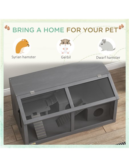 PawHut Hamster Cage, Wooden Small Animal Cage for Gerbils, Mice w/ Suspension Bridge, Openable Top, Hut, 85 x 45 x 44cm - Grey - pic 158583 | FastDaddyshop
