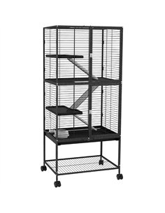 PawHut Rolling Chinchilla Cage, Small Animal Cage for Ferrets w/ Three Doors, Storage, Shelf, Tray Tray, Bowl, Water Bottle