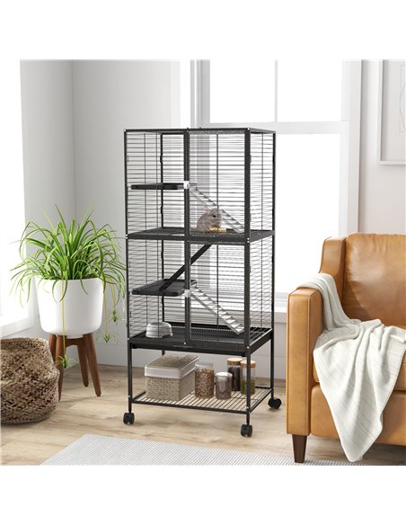 PawHut Rolling Chinchilla Cage, Small Animal Cage for Ferrets w/ Three Doors, Storage, Shelf, Tray Tray, Bowl, Water Bottle - pic 158587 | FastDaddyshop