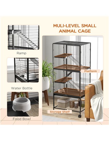 PawHut Rolling Chinchilla Cage, Small Animal Cage for Ferrets w/ Three Doors, Storage, Shelf, Tray Tray, Bowl, Water Bottle