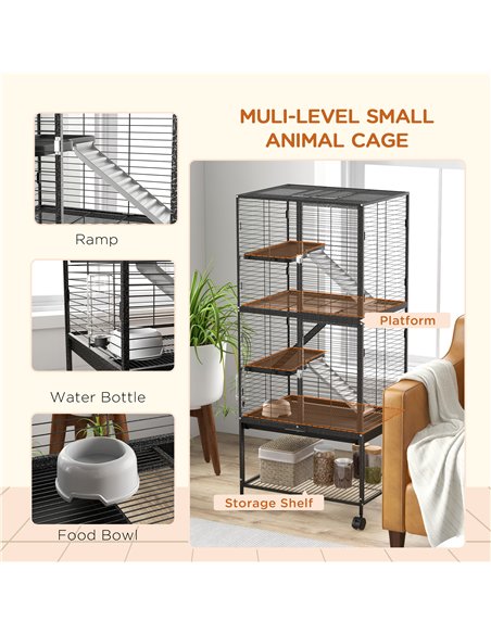 PawHut Rolling Chinchilla Cage, Small Animal Cage for Ferrets w/ Three Doors, Storage, Shelf, Tray Tray, Bowl, Water Bottle - pic 158590 | FastDaddyshop