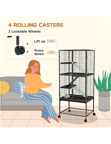 PawHut Rolling Chinchilla Cage, Small Animal Cage for Ferrets w/ Three Doors, Storage, Shelf, Tray Tray, Bowl, Water Bottle