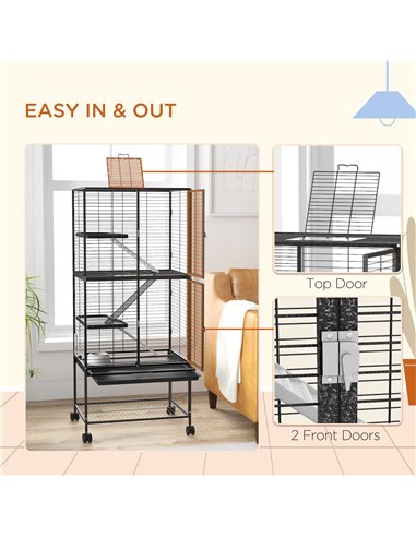 PawHut Rolling Chinchilla Cage, Small Animal Cage for Ferrets w/ Three Doors, Storage, Shelf, Tray Tray, Bowl, Water Bottle