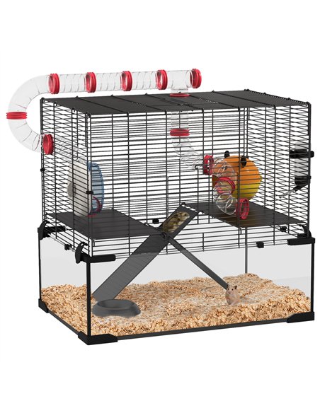 PawHut Gerbil Cage Dwarf Hamster Cage, with Deep Glass Bottom, Tunnels, Hut, Exercise Wheel, 60 x 40 x 57cm - pic 158595 | FastDaddyshop