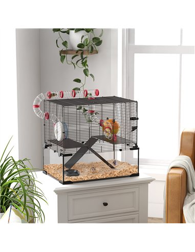 PawHut Gerbil Cage Dwarf Hamster Cage, with Deep Glass Bottom, Tunnels, Hut, Exercise Wheel, 60 x 40 x 57cm