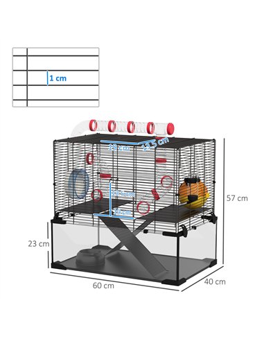 PawHut Gerbil Cage Dwarf Hamster Cage, with Deep Glass Bottom, Tunnels, Hut, Exercise Wheel, 60 x 40 x 57cm