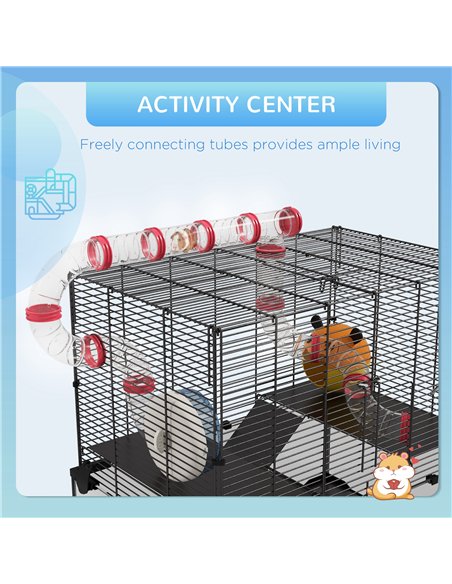 PawHut Gerbil Cage Dwarf Hamster Cage, with Deep Glass Bottom, Tunnels, Hut, Exercise Wheel, 60 x 40 x 57cm - pic 158598 | FastDaddyshop