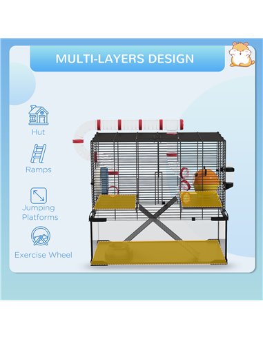 PawHut Gerbil Cage Dwarf Hamster Cage, with Deep Glass Bottom, Tunnels, Hut, Exercise Wheel, 60 x 40 x 57cm