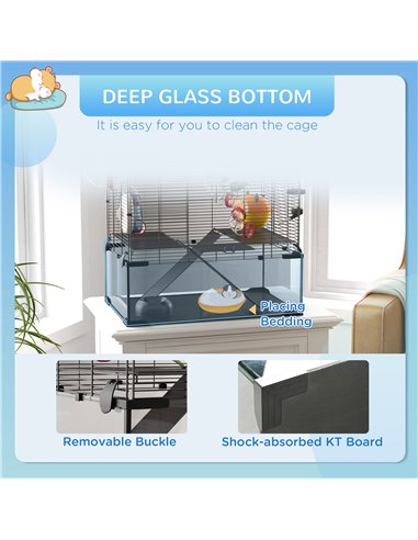 PawHut Gerbil Cage Dwarf Hamster Cage, with Deep Glass Bottom, Tunnels, Hut, Exercise Wheel, 60 x 40 x 57cm