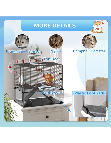 PawHut Gerbil Cage Dwarf Hamster Cage, with Deep Glass Bottom, Tunnels, Hut, Exercise Wheel, 60 x 40 x 57cm - pic 158602 | FastDaddyshop