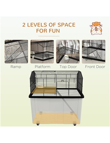PawHut Two-Tier Gerbil Cage, Hamster Cage for Dwarf Hamster, Syrian Hamster w/ Wheels, Deep Bottom, Food Dish, Water Bottle