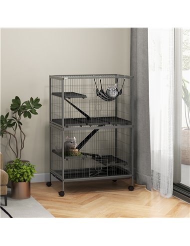 PawHut Small Animal Cage for Chinchilla Ferret Kitten on Wheels with Hammock Removable Tray, Grey