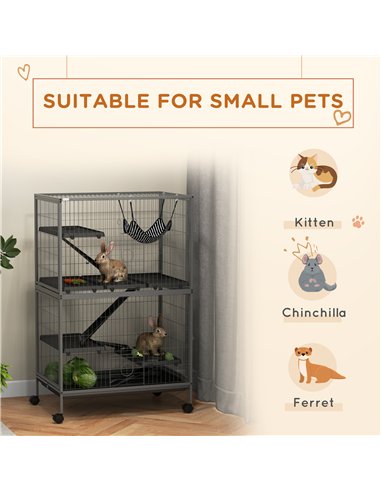 PawHut Small Animal Cage for Chinchilla Ferret Kitten on Wheels with Hammock Removable Tray, Grey