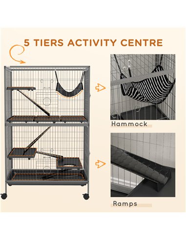 PawHut Small Animal Cage for Chinchilla Ferret Kitten on Wheels with Hammock Removable Tray, Grey