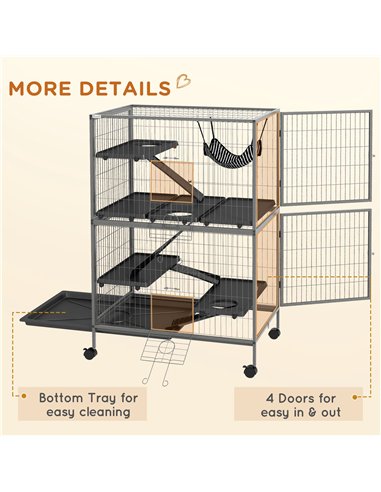 PawHut Small Animal Cage for Chinchilla Ferret Kitten on Wheels with Hammock Removable Tray, Grey