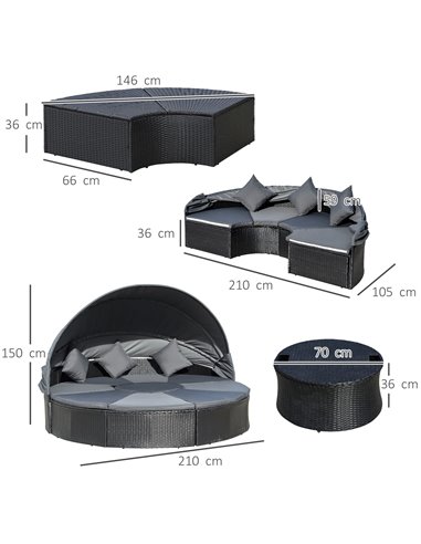 Outsunny 4 Pieces PE Rattan Garden Daybed Set with Coffee Table & Canopy, Black