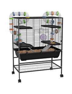 PawHut Large Hamster Cage, Gerbil Cage with Tubes, Storage Shelf, Ramps, Platforms, Running Wheel - Black